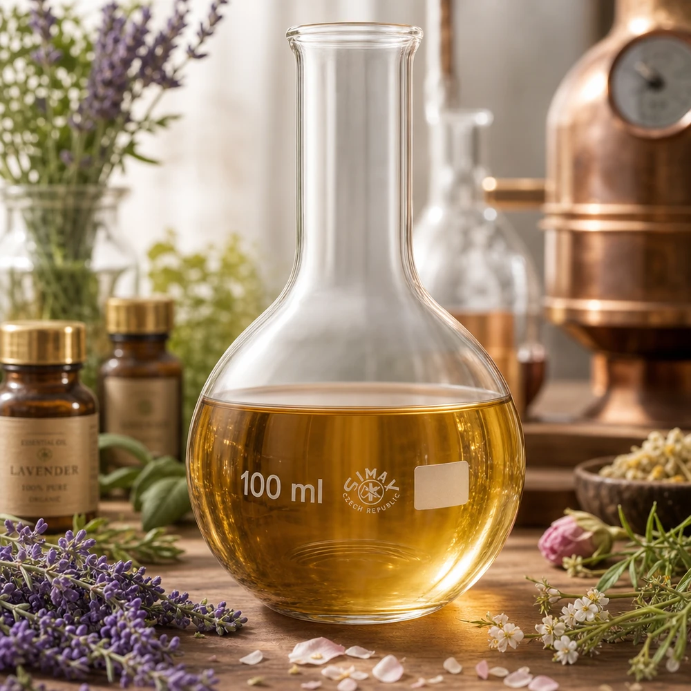 Stående kolbe 100 ml med smal hals Smalhalset kolbe 100 ml af gennemsigtigt glas med guldfarvet væske i botanisk laboratorieatmosfære