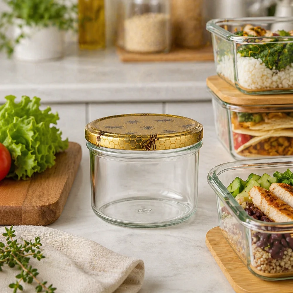 250 g honningglas med låg med honningkagemønster BasicSeal UNiTWIST 250 g honningkrukke med bikagelåg i et moderne køkken ved siden af måltidskasser og friske ingredienser