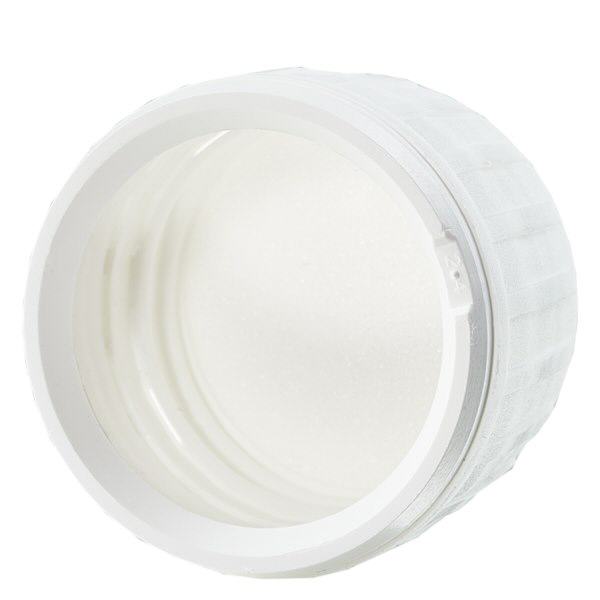 Skruelåg hvid EPE-forsegling med manipulationssikker ring PP28 ApoGlas. Farmaceutisk kvalitet. 28 mm gevind. Til f.eks. ApoGlas® Euro-medicinflasker.