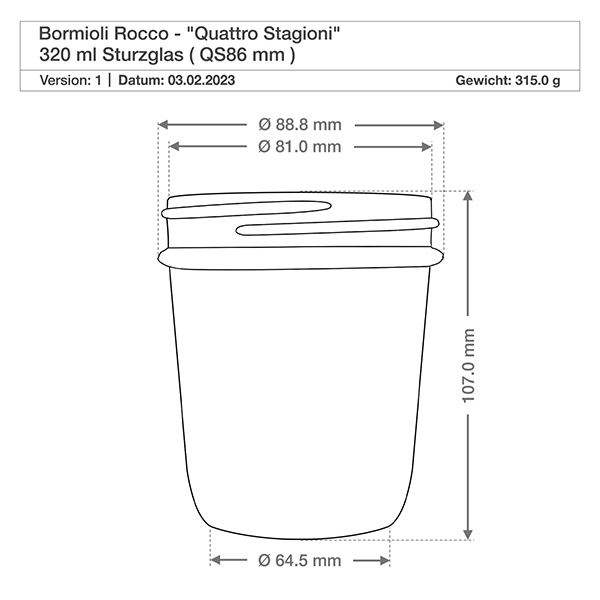 3800 ml rundt glas "Quattro Stagioni" med låg Teknisk tegning Bormioli Rocco Quattro Stagioni 320ml konservesglas med mål og specifikationer Produktdetaljer