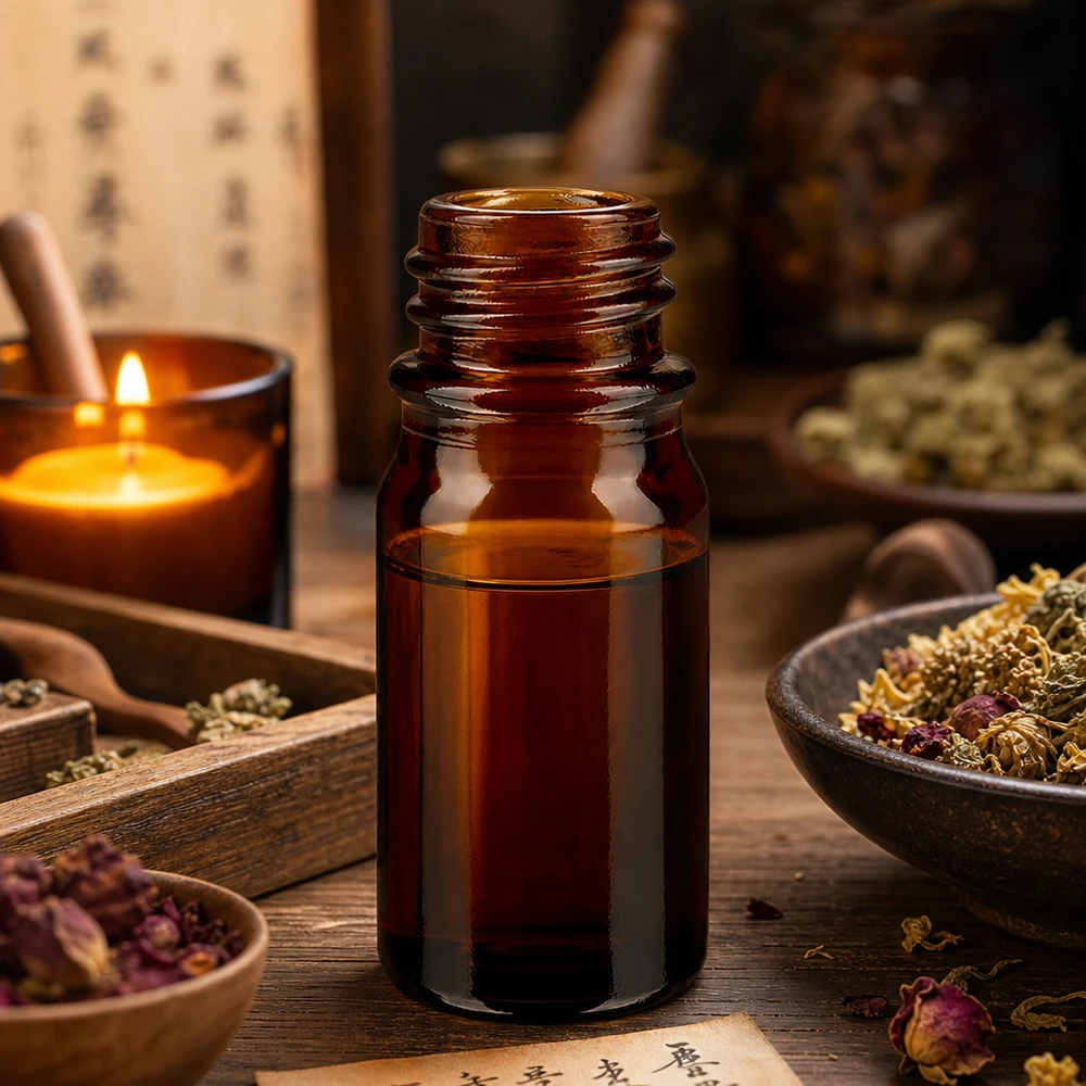 Dropperflaske 5 ml DIN 18 lavet af ravfarvet glas 5 ml brun apoteksflaske ApoGlas med kinesiske urtetegn og traditionelle medicinfunktioner