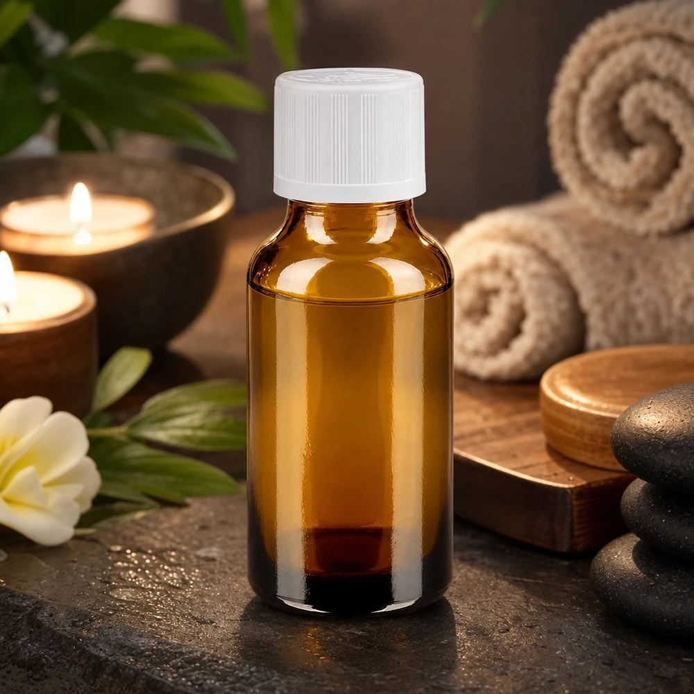 Apoteksflaske brun 20 ml skruelåg hvid KiSi St Kompakt 20 ml brun glasflaske med hvid KiSi-lukning ved siden af stearinlys og massagesten