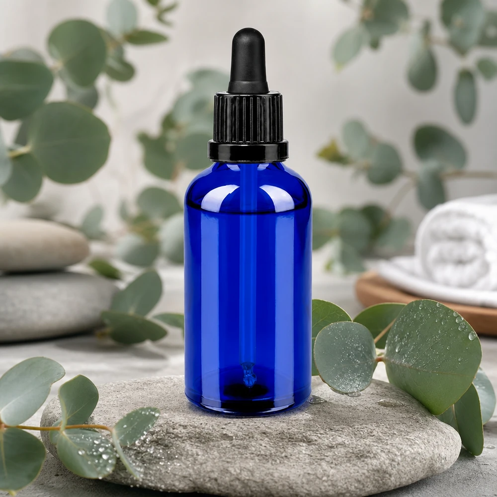 Elegant 50 ml pipetteflaske i kongeblå - perfekt til kosmetik og aromaterapi