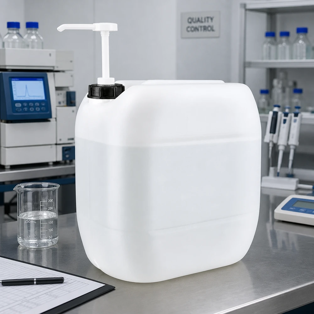 Beholder 30 liter med doseringspumpe 30-liters dunk med doseringspumpe ved siden af et 250 ml målebæger i kvalitetskontrolaboratoriet