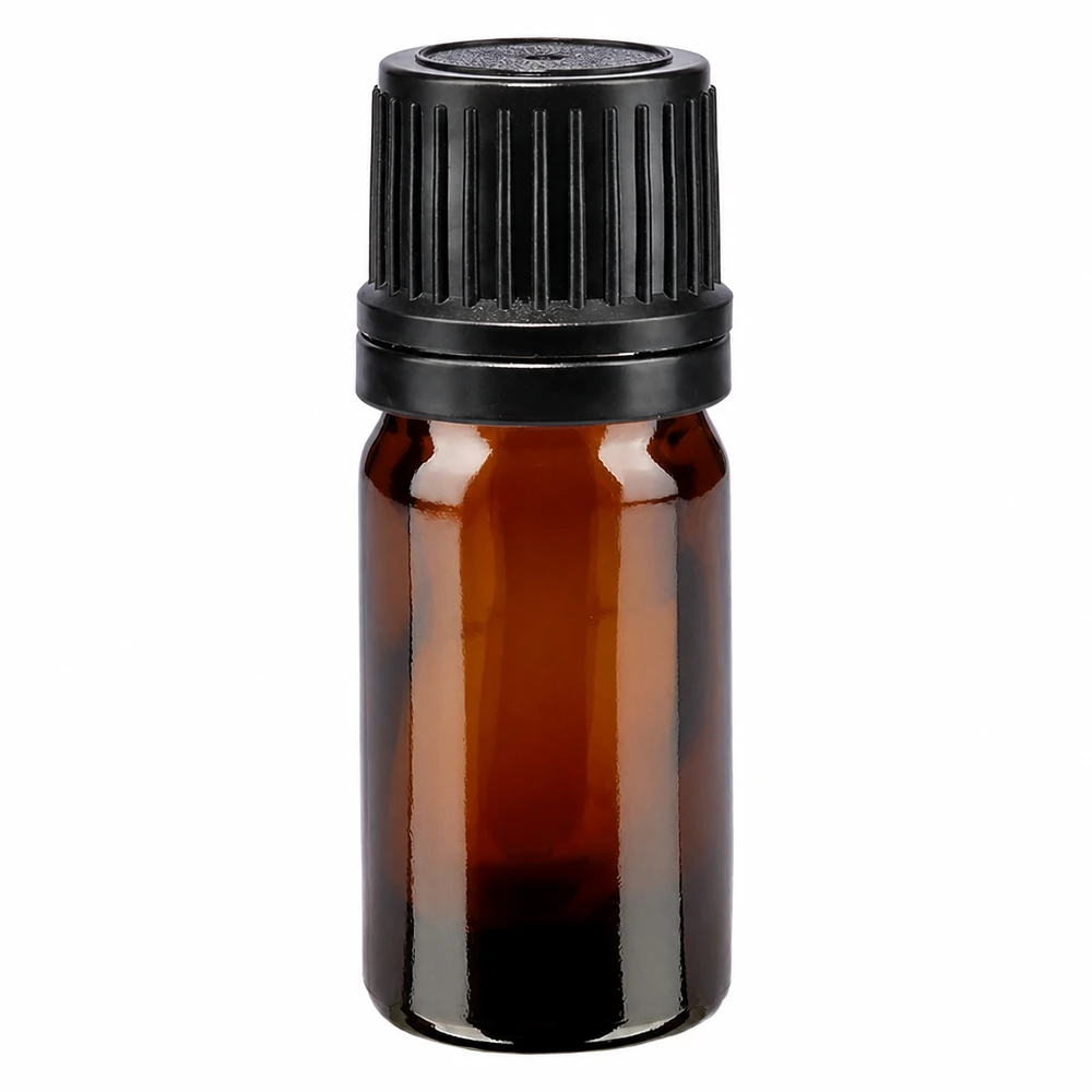 Apoteksflaske brun 5ml skruelåg sort hæld. OV 5 ml brun glasflaske med sort OV-lukning, 8 mm, apotekskvalitet