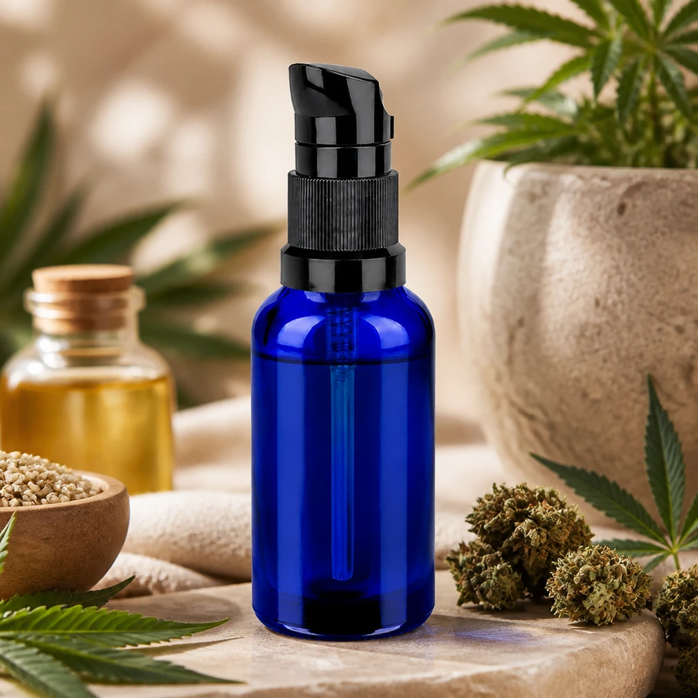 30 ml glasflaske med BlueLine-pumpedispenser til nem påføring af olier og essenser