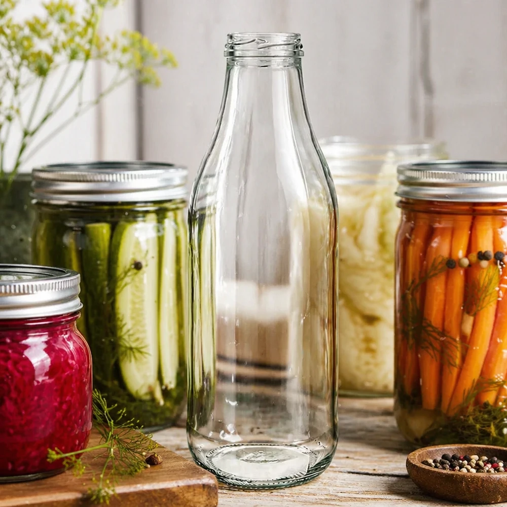 1000 ml glasflaske uden låg (TO48) UNiTWIST. Absolut lækagesikker med stor åbning. Til mælk, juice og limonade. Kræver TO48-låg 1000 ml glasflaske TO48 UNiTWIST uden låg mellem sylteglas med syltede grøntsager Køkkenlandskab Konservering