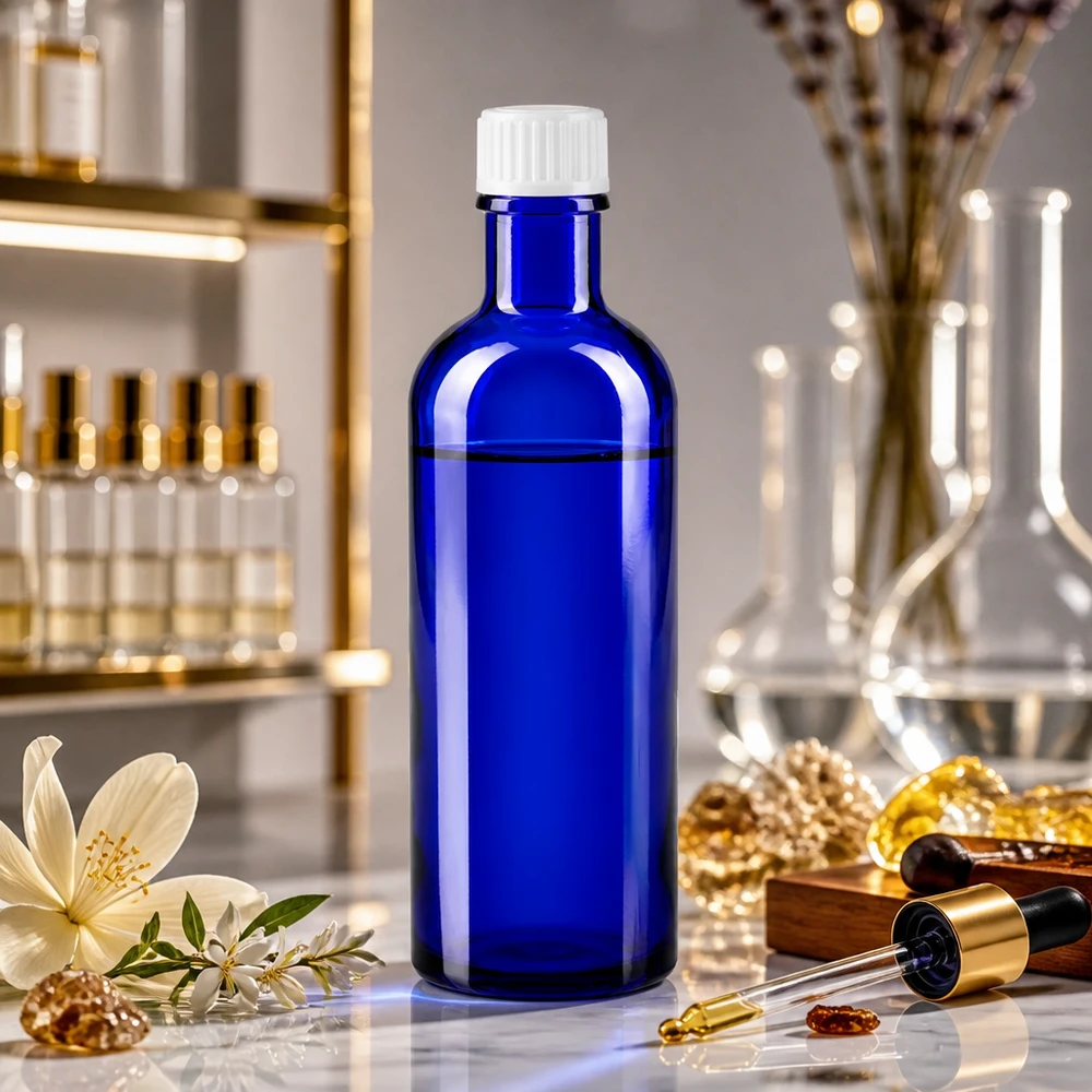 Apoteksflaske blå 200 ml skruelåg hvid pc Koboltblå 200 ml apotekerflaske med hvid skruelåg til laboratoriebrug