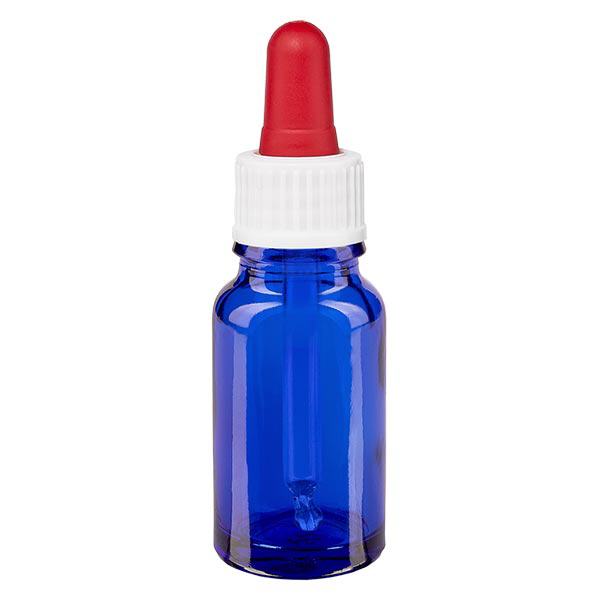 Apoteksflaske blå 10 ml pipette hvid/rød stk. Apoteksflaske blå 10 ml pipette hvid/rød stk.