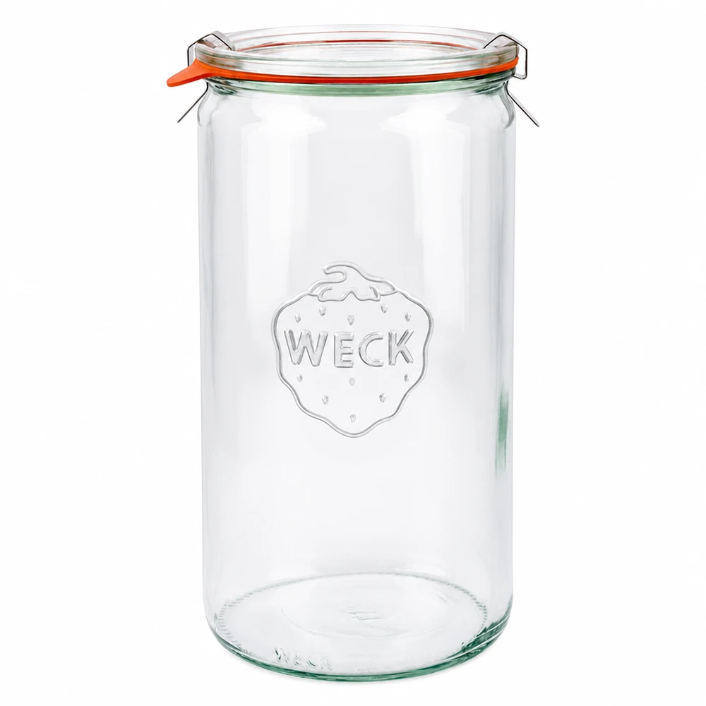 WECK cylinderkrukke 1590ml RR100 med glaslåg gummiring og klemmer konserveringskrukke gennemsigtig tom