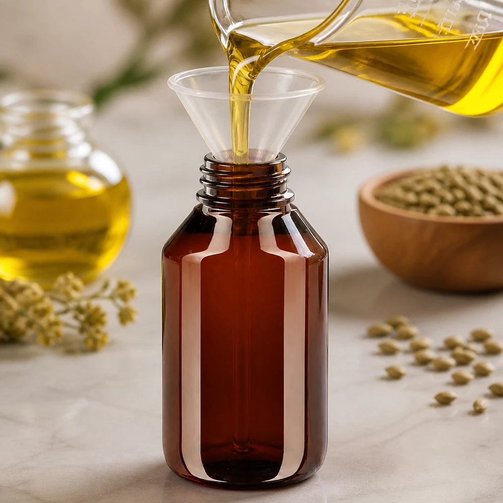 PET-flaske 50 ml med sort sprayhætte OV Braune PET Flasche 50ml mit Schraubverschluss beim Abfüllen von Naturölen