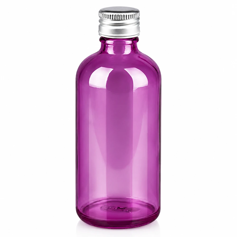 100 ml flaske. 11 mm skruelåg aluminium-sølv standard PurpleLine. UT18/100 100 ml glasflaske med aluminiumshætte i lyslilla til kosmetik og aromaterapi