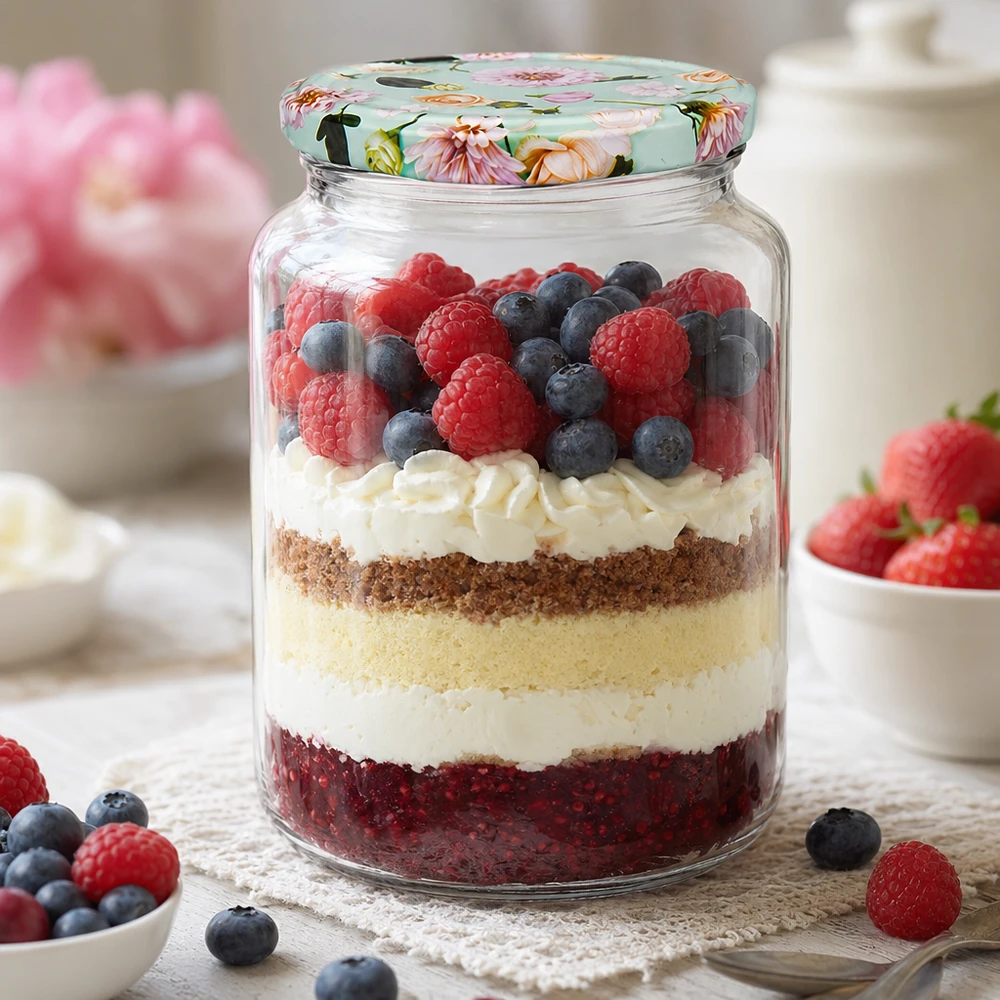 795 ml rund glas + BasicSeal låg Blume mint UNiTWIST 795 ml rundt glas med mintblomstlåg som dessertglas til lagdelte desserter med bær og fløde