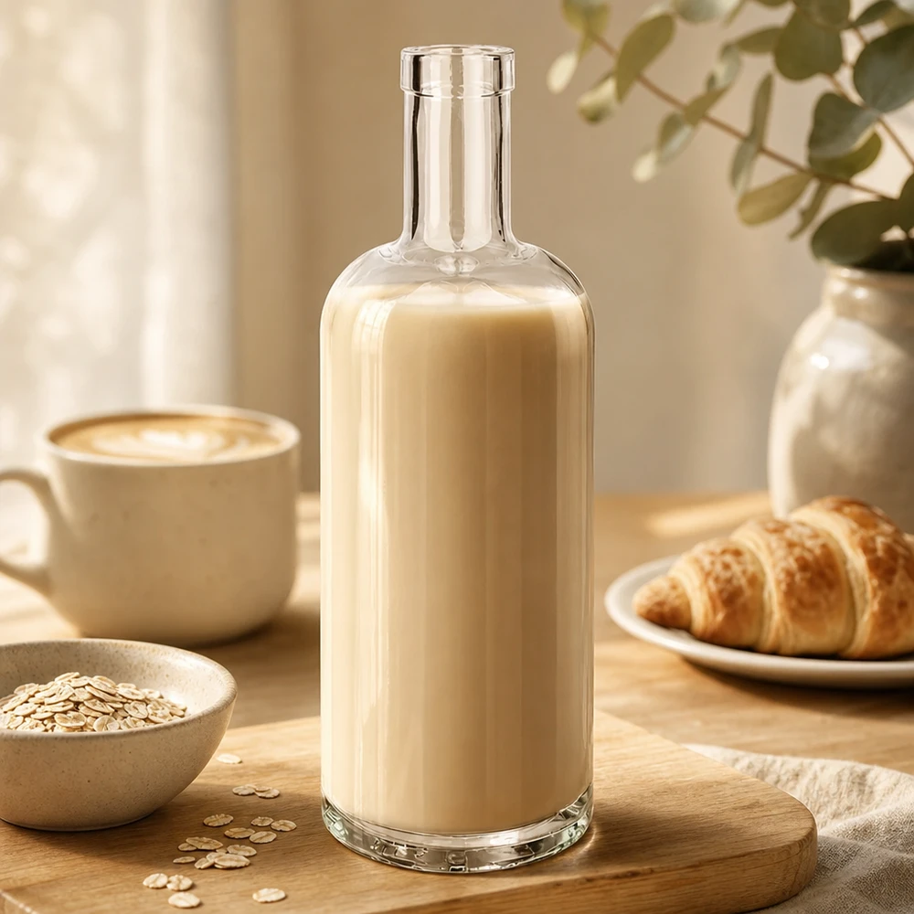 750 ml glasflaske »Emma« uden låg UNiTWIST® 750 ml glasflaske Emma fyldt med beige havremælk ved siden af kaffekop, croissant og havregryn på træbord