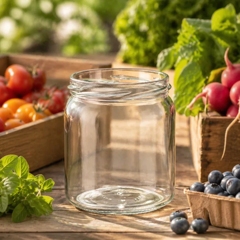 UNiTWIST Runda408 - Rundt glas med en kapacitet på 408 ml TO82 UNiTWIST Runda408 408 ml syltekrukke i rustikt køkken med friske grøntsager og frugt til konservering