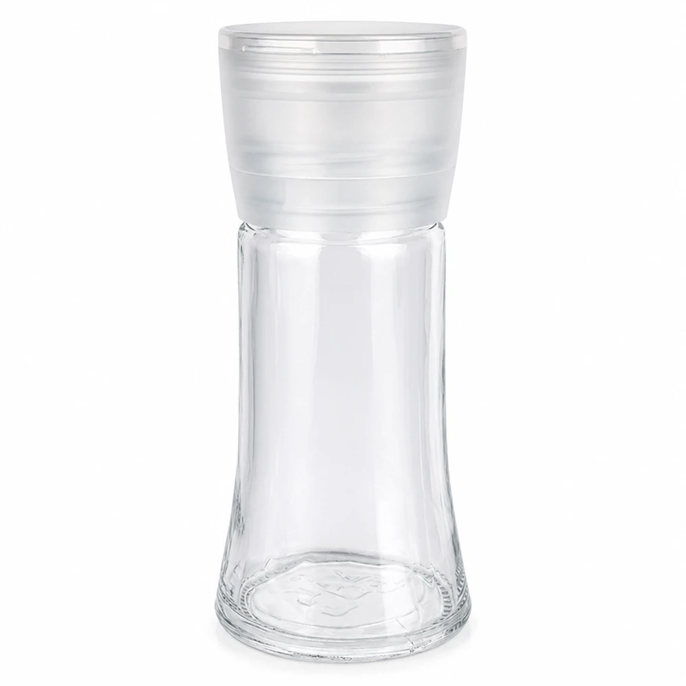 Salt-/krydderikrukke 95 ml med kværn, Vario, hvid Tomt salt- og krydderiglas på 95 ml med hvid plastkværn af typen Vario i klart glas