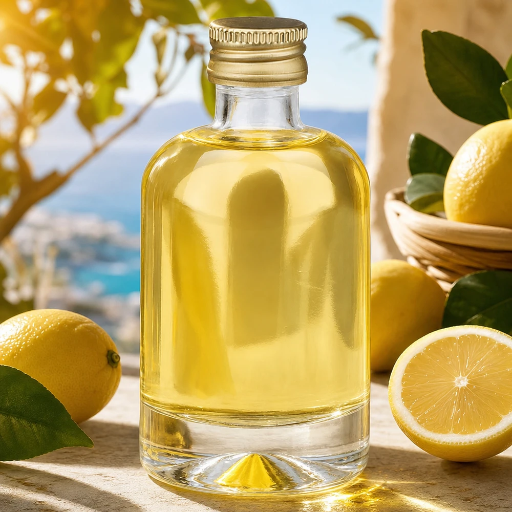 40 ml glasflaske »Sara« med skruelåg i guld UNiTWIST® 40 ml glasflaske Sara fyldt med gult indhold mellem citroner - produktfoto med middelhavsstemning
