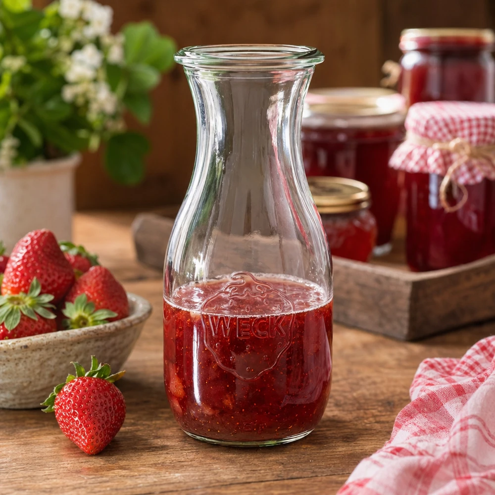 530 ml saftflaske WECK RR60 WECK juiceflaske 530ml RR60 fyldt med jordbærsaft ved siden af syltetøjsglas og ternet køkkenhåndklæde rustikt dekoreret