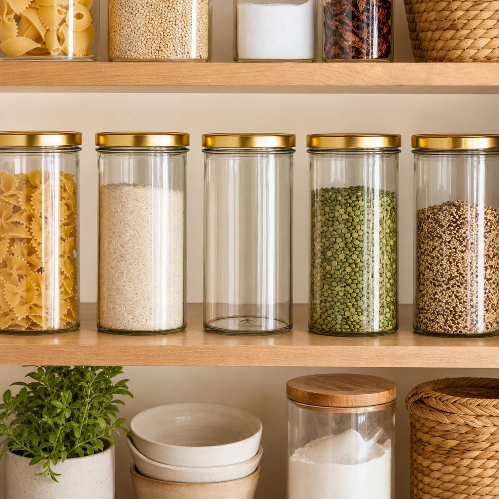 277 ml Briller med BasicSeal-låg guld UNiTWIST Pantry organiser med 277 ml-bægre i guld UNiTWIST-låg til ris, pasta, linser og krydderier på køkkenhylden