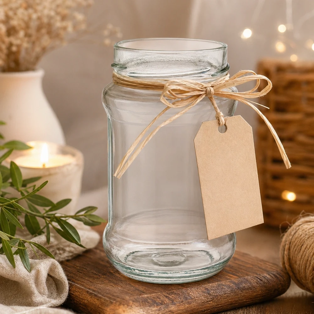 UNiTWIST Runda390 - Rund krukke med en kapacitet på 390 ml TO66deep Leeres Rundglas 390ml mit Deckel und Schleifenband auf Holztisch - ideal für Marmelade Honig und Geschenke von Glas-Fabr