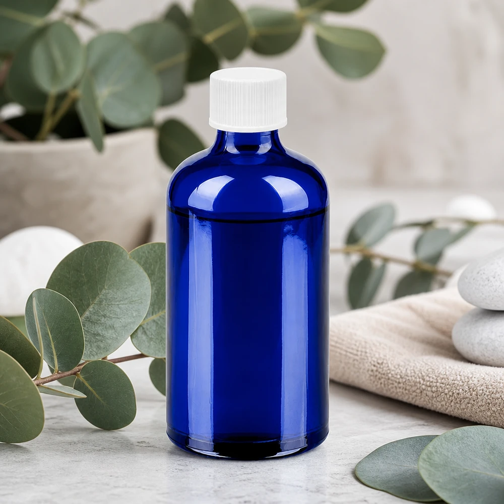 100 ml flaske 11 mm SV hvid STD BlueLine UT18/100 100 ml glasflaske af høj kvalitet i koboltblå med hvidt skruelåg til sikker opbevaring
