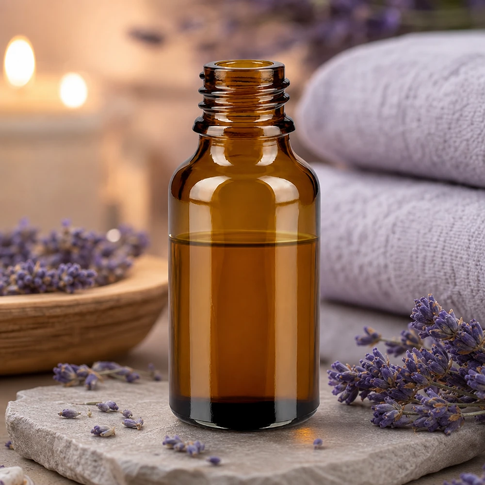 Dropperflaske 30 ml DIN 18 ravfarvet glas LOW SHAPE 30 ml brun glasflaske ApoGlas med lavendel og hvide håndklæder i en afslappende spa-atmosfære med stearinlys