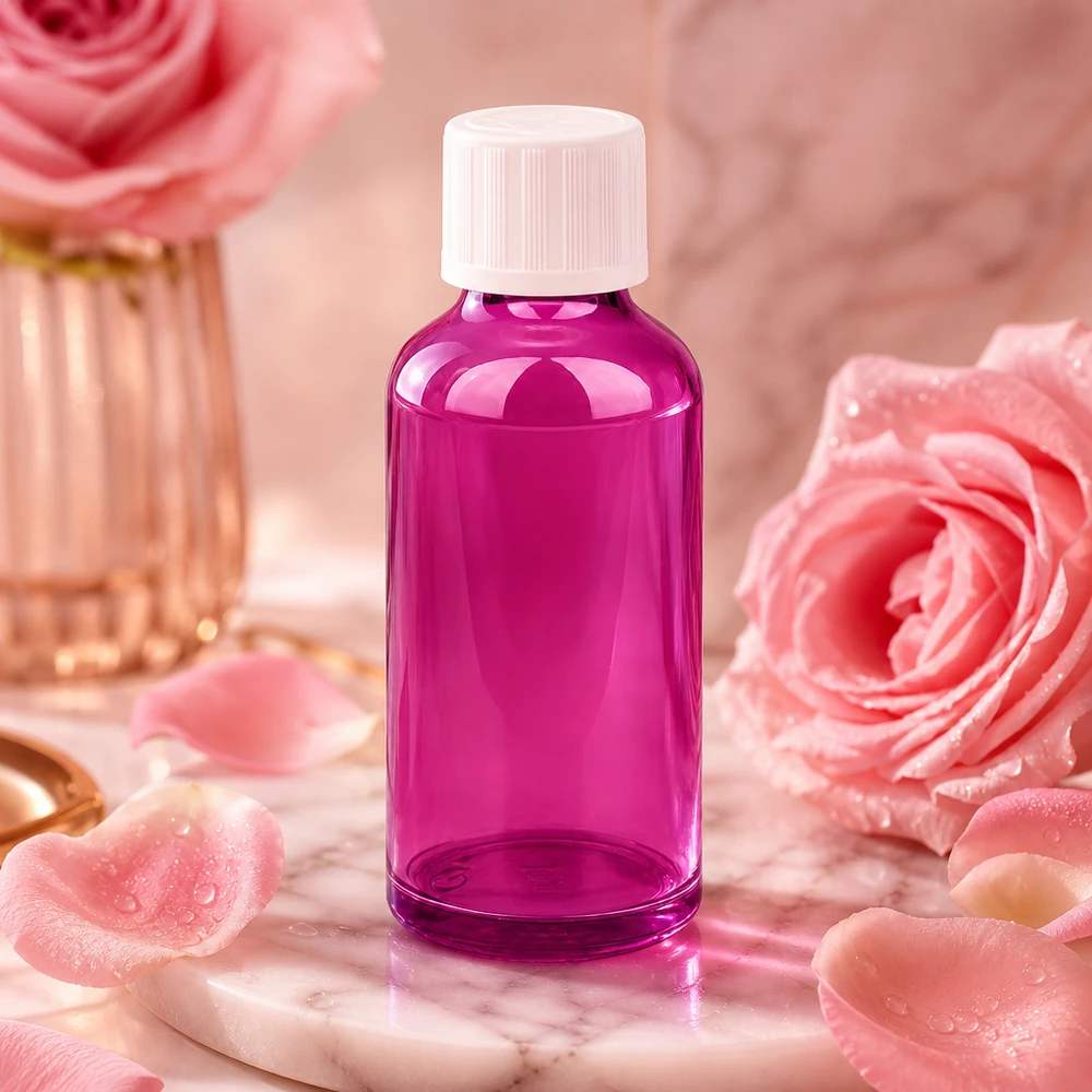 50 ml dråbeflaske 1,2 mm hvid Standard børnesikret PurpleLine.UT18/50 Lilla dråbeflaske 50 ml med STD-hætte - ideel til æteriske olier og kosmetiske produkter