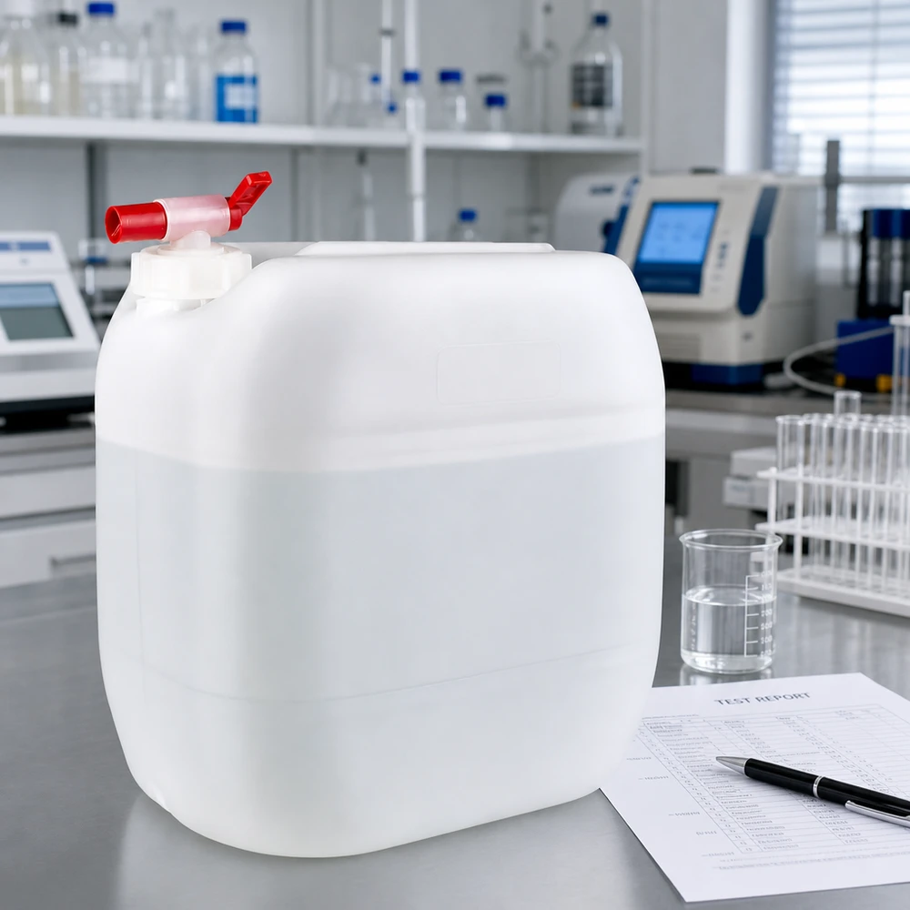 Beholder 30 liter med aftapningshane Robust 30-liters dunk med tappehane ved siden af et måleglas og en testrapport fra laboratoriet