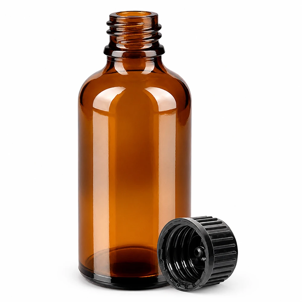 50 ml flaske 11 mm SV sort STD BrownLine UT18/50 Brun 50 ml glasflaske med 11 mm gevind og sort hætte til aromaterapi og apotek