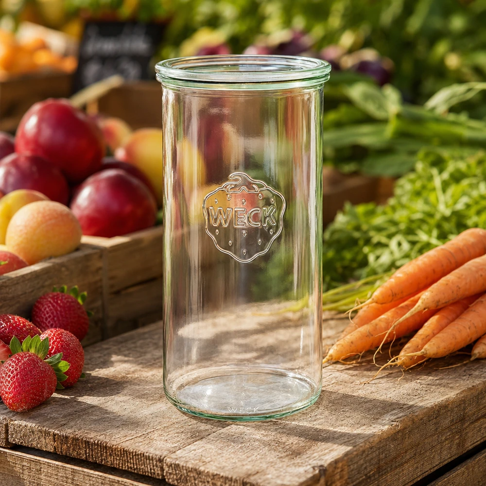 1500 ml Briller med glaslåg WECK RR100 WECK drikkeglas 1500ml RR100 på træplade med frisk frugt grøntsager jordbær gulerødder naturlig køkken dekoration
