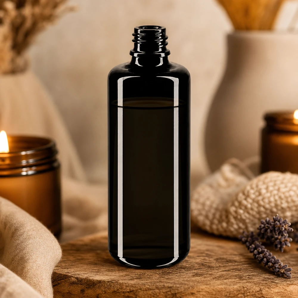 Flaske i violet glas 50 ml DIN 18 (Mironglas) Alsidig 50 ml Orion-dråbeflaske lavet af violet Miron-glas til kosmetik, aromaterapi og naturmedicin