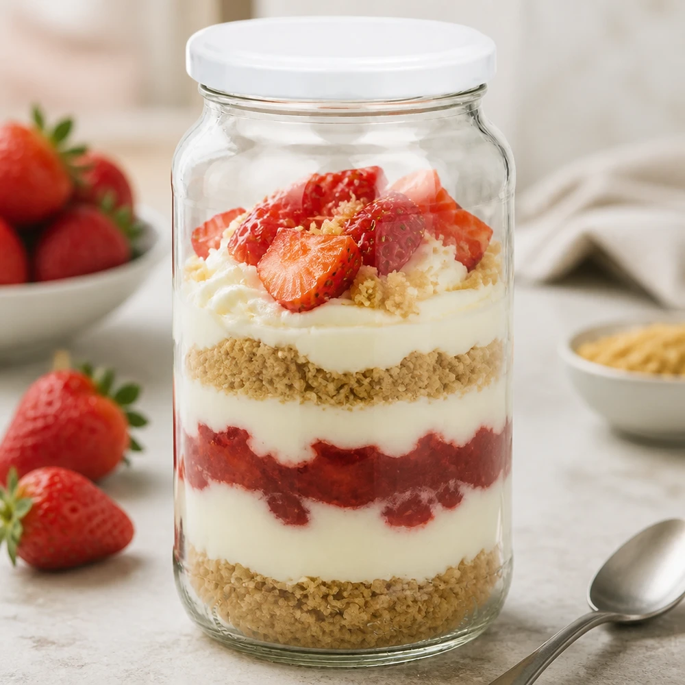 1062 ml rund krukke med BasicSeal-låg hvid UNiTWIST 1062ml rund krukke BasicSeal låg hvid med jordbær dessert lagdelt dessert tiramisu krukke dessert opbevaringskrukke