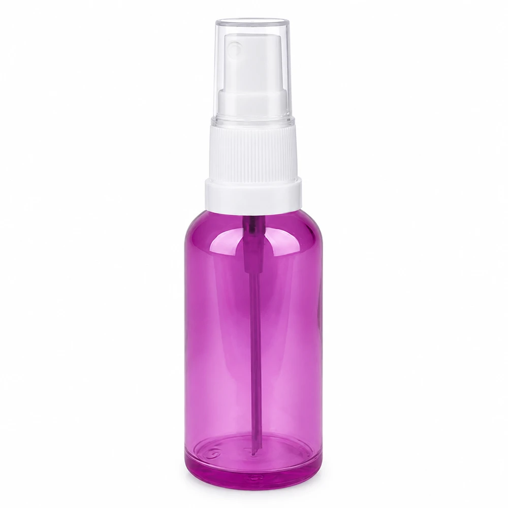 50 ml sprayflaske hvid/transparent Standard PurpleLine UT18/50 50 ml sprayflaske lilla transparent med hvidt pumpehoved til kosmetik og plejeprodukter
