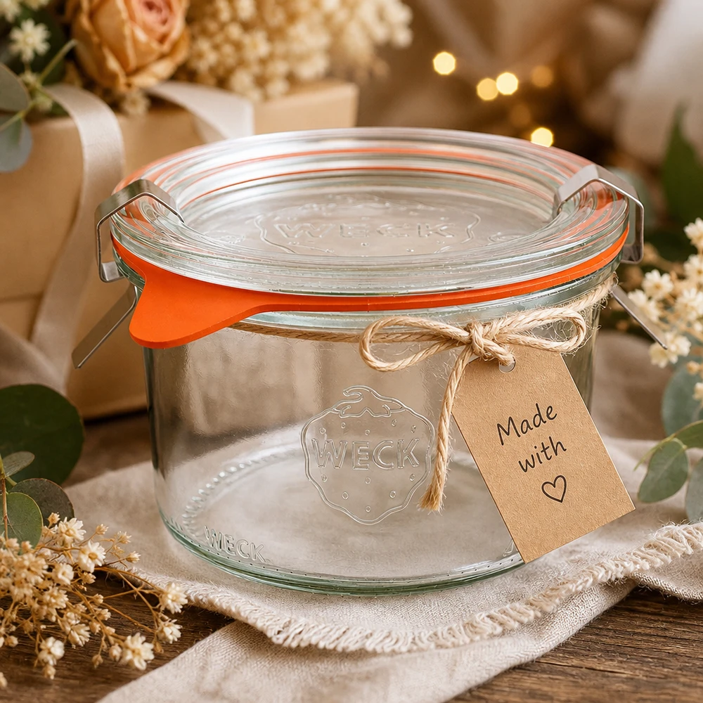 WECK 200 ml RR80-tumblere som gaveidé dekoreret med et Made with Love-tag af kraftpapir og tørrede blomster
