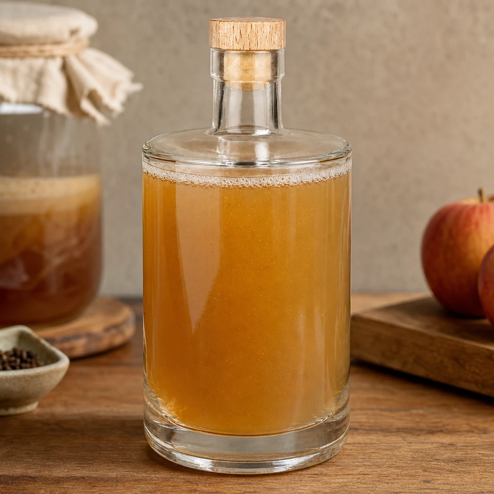 700 ml glasflaske »Marie« med træhåndtag UNiTWIST® 700ml Glasflasche Marie mit Holzkorken gefüllt mit goldbrauner Flüssigkeit in gemütlicher Küche neben Apfel und Gewürzen