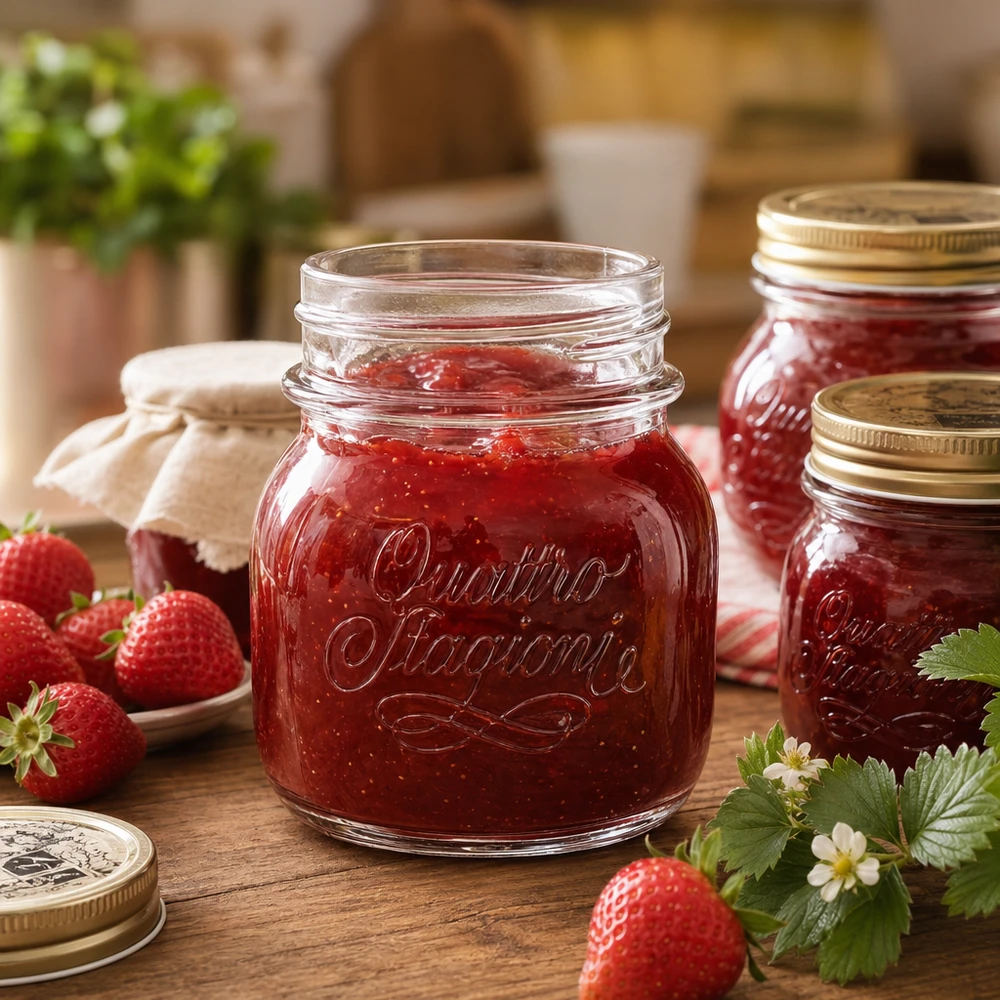 150 ml husholdningsglas "Quattro Stagioni" Quattro Stagioni 150 ml husholdningsglas fyldt med jordbærmarmelade ved siden af friske jordbær på træbord