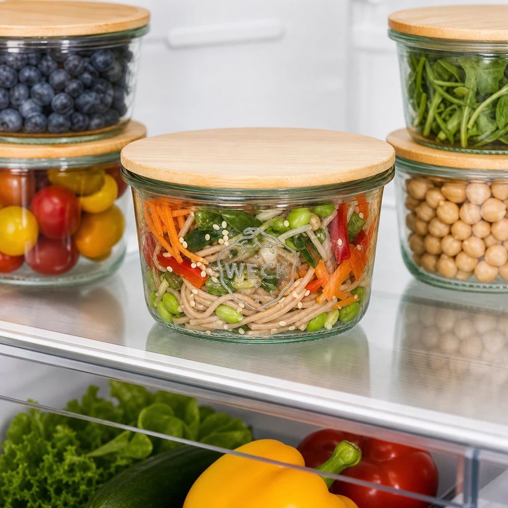 80 ml Briller WECK RR60 med trælåg WECK-bægre 80 ml RR60 med bambuslåg Køleskab Meal Prep-opbevaringsorganisation Holder grøntsager og pasta friske