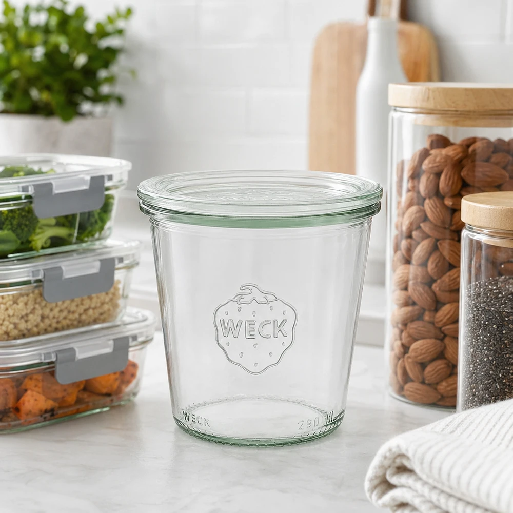 290 ml høje Briller med glaslåg WECK RR80 WECK glas 290ml RR80 i moderne køkken med opbevaringsglas til nødder og mad