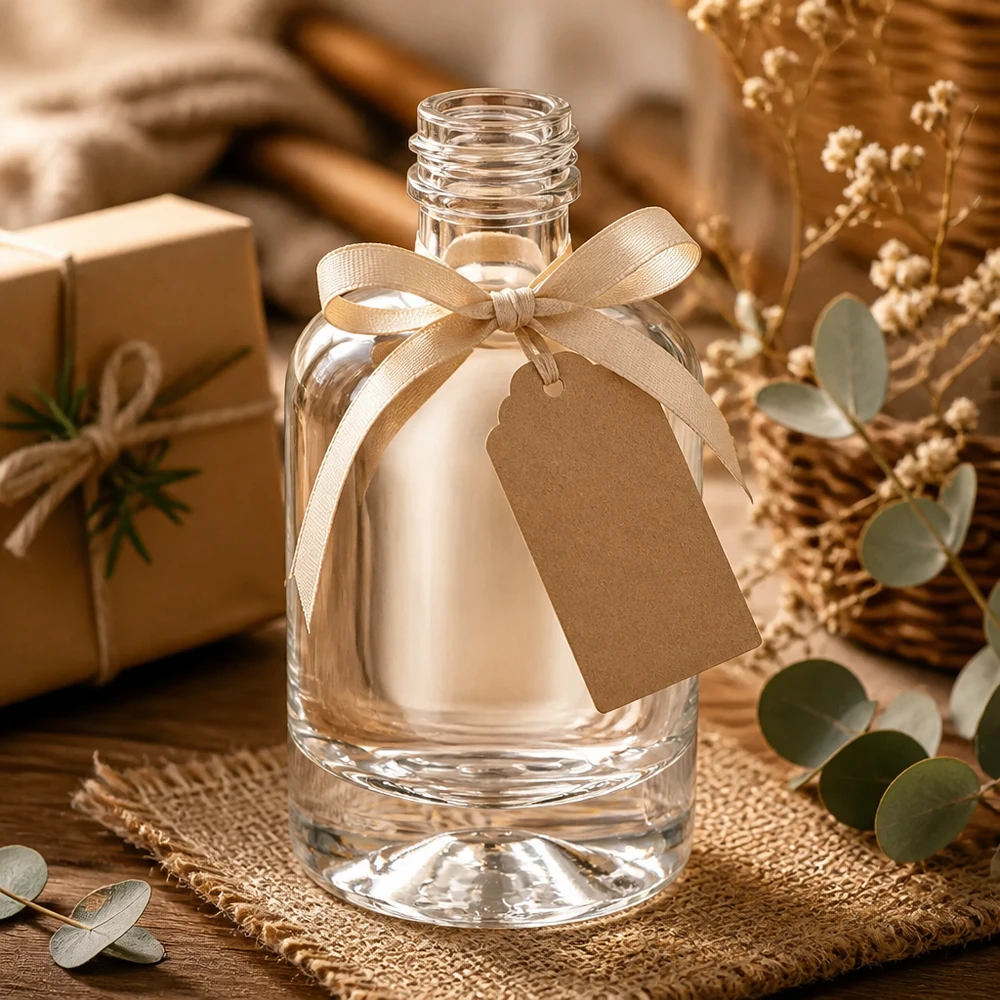 40 ml glasflaske »Sara« uden skruelåg UNiTWIST® 40 ml glasflaske Sara dekoreret med sløjfe og gavemærke uden hætte til gaver