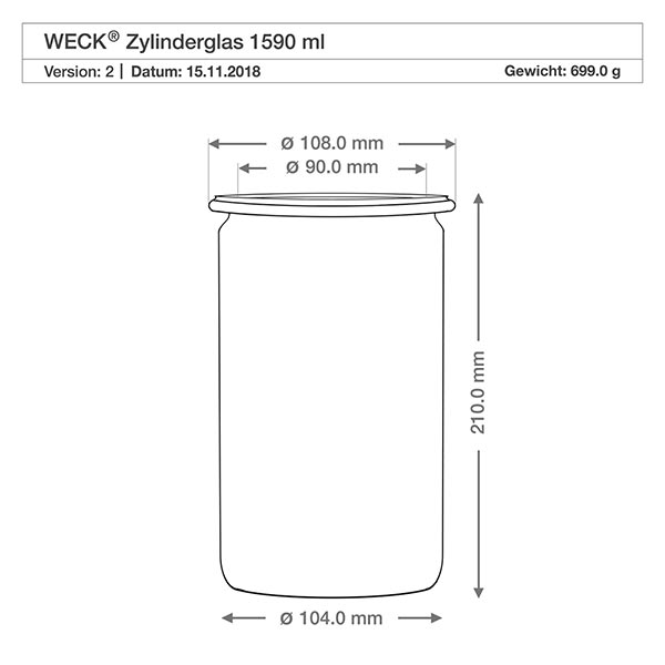 1590 ml WECK RR100-glasbeholder Teknisk tegning WECK cylinderglas 1590ml RR100 med mål og dimensioner for trækuglelukning
