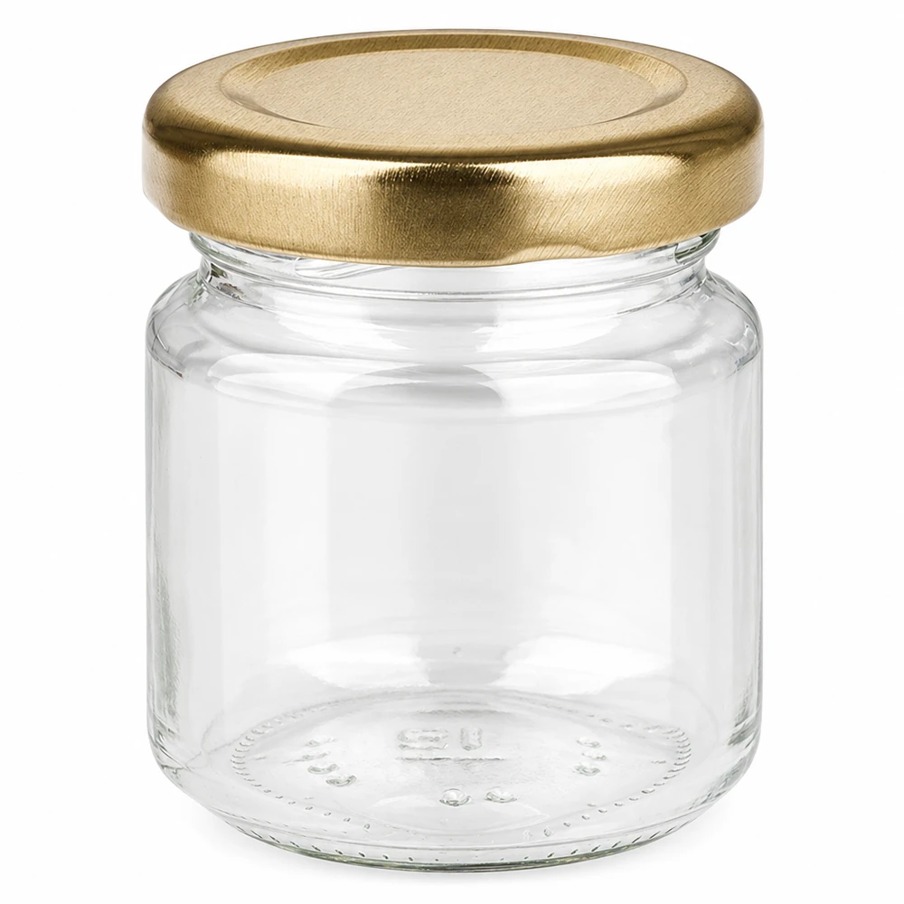 53 ml rund krukke med BasicSeal-låg guld UNiTWIST 53 ml rundt glas med gyldent BasicSeal-låg UNiTWIST - tomt syltetøjsglas lavet af klart glas
