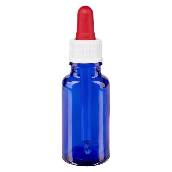 Apoteksflaske blå 20 ml pipette hvid/rød stk. Apoteksflaske blå 20 ml pipette hvid/rød stk.