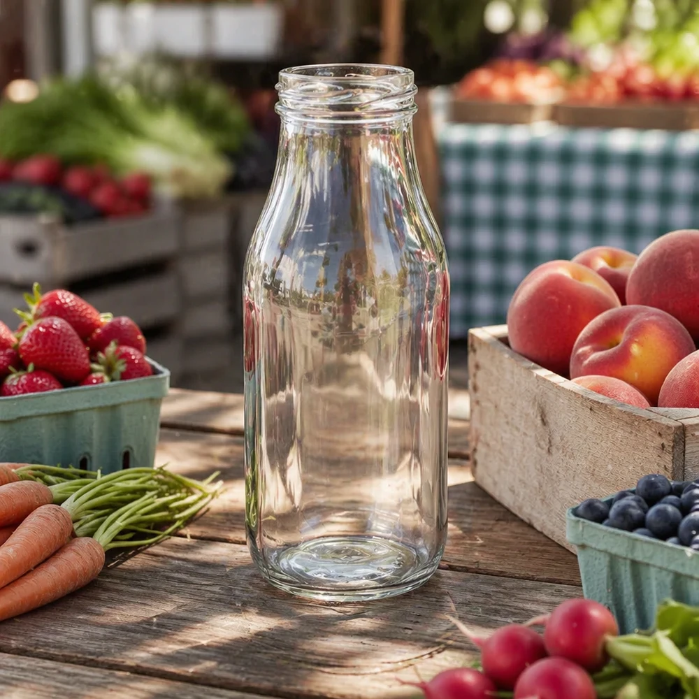 UNiTWIST Bottle263 - Flaske med kapacitet på 263 ml TO43 Leere Glasflasche 263ml auf Holztisch mit frischem Obst und Gemüse - ideal für Säfte Smoothies und Getränke