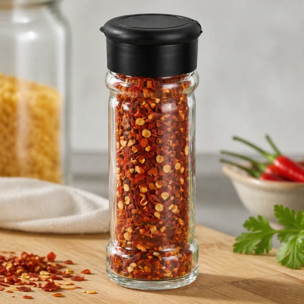 Salt-/krydderikrukke 100 ml med strøer, sort Glas med chiliflager (100 ml) med sort drysselåg på et træbræt ved siden af friske chilifrugter