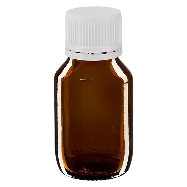 50 ml medicinflaske brun, hvid hætte med manipulationssikker ring ApoGlas. Farmaceutisk kvalitet fra EU-produktion. 28 mm (PP28) gevind. (sirup, lys glasflaske) 50 ml medicinflaske brun, hvid hætte med manipulationssikker ring ApoGlas. Farmaceutisk kvalitet fra EU-produktion. 28 mm (PP28) gevind. (sirup, lys glasflaske)