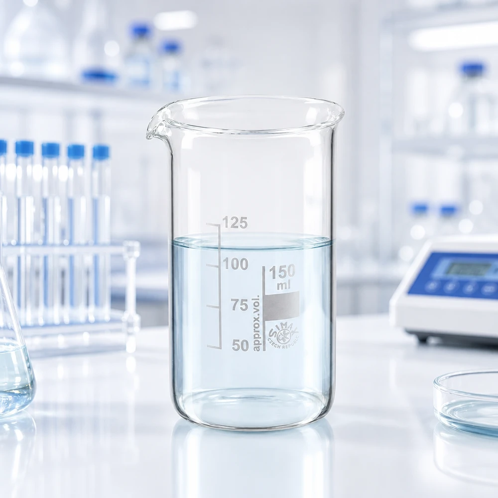 Bægerglas 150 ml borosilikatglas, høj form Gennemsigtigt laboratoriebæger, 150 ml, høj model med skala fra 50 til 125 ml, fremstillet af borosilikatglas