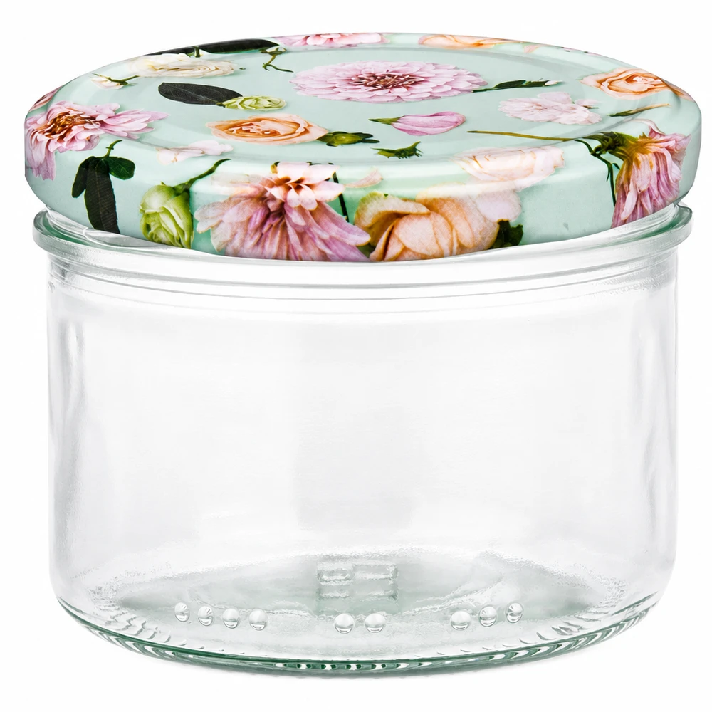 230 ml cylinderglas + BasicSeal låg Blume mint 230 ml cylinderglas med BasicSeal-låg flower mint - rundt opbevaringsglas med blomstermønster på mintgrøn baggrund