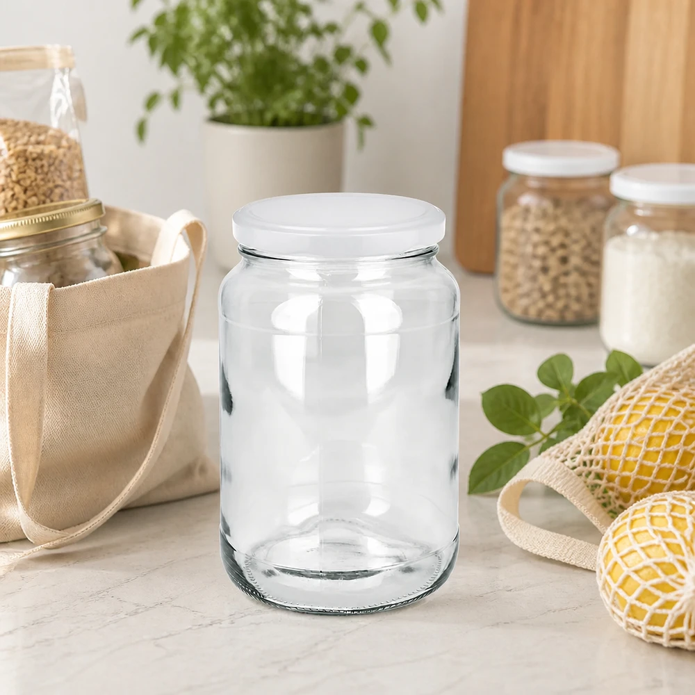 1700 ml rund krukke med BasicSeal-låg hvid UNiTWIST 1700 ml rund krukke med BasicSeal-låg i bæredygtigt zero-waste-køkken med netposer og opbevaringsglas