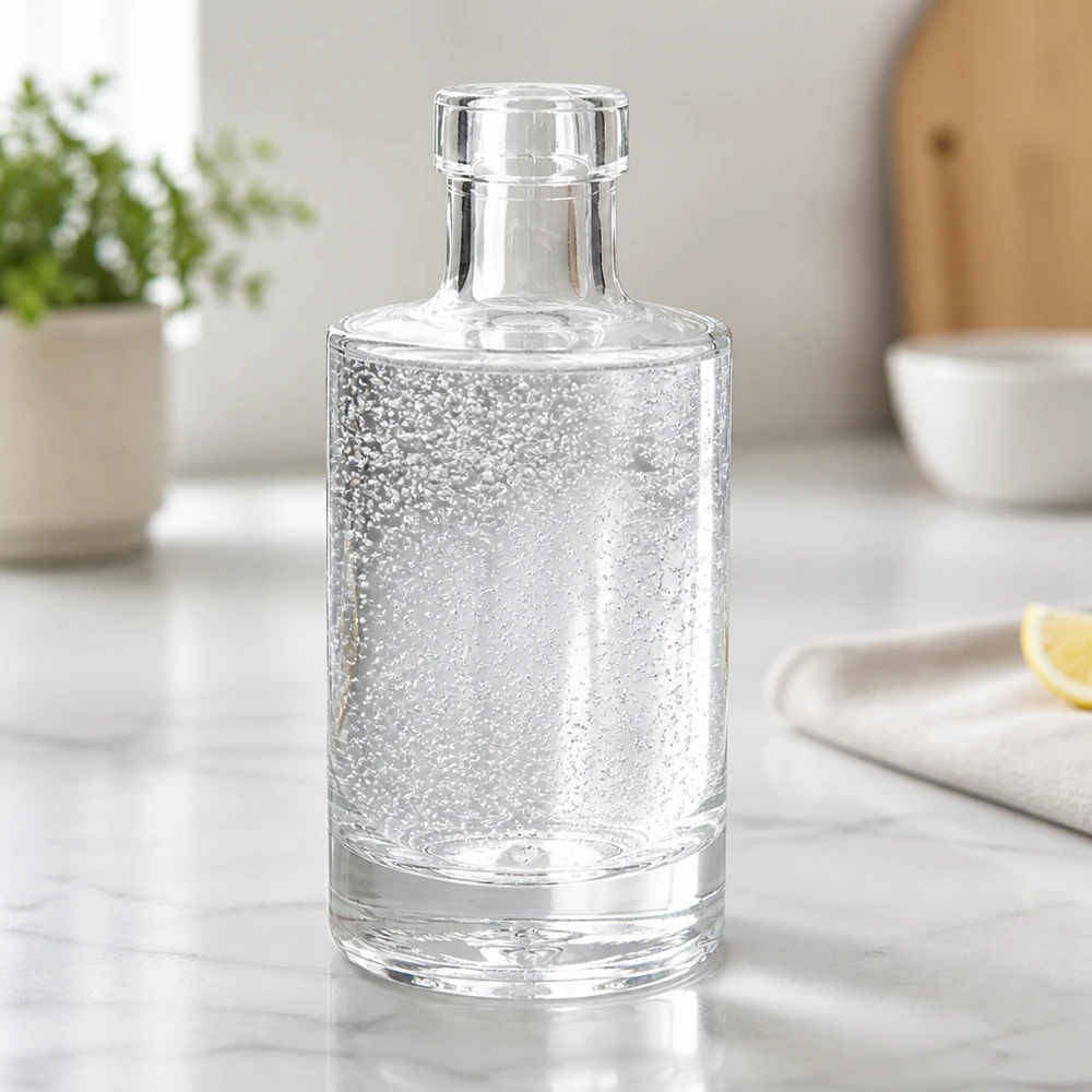 200 ml glasflaske »Marie« uden lukning UNiTWIST® 200 ml glasflaske Marie fyldt med danskvand på marmorbord moderne køkken vandflaske livsstilslandskab