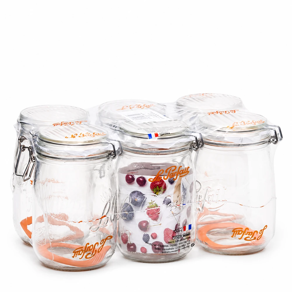 Le Parfait® glas 1 L Ø85 mm opbevaring Le Parfait opbevaringskrukke Super 1000 ml med svingtop Sæt med 4 lavet af klart glas fremstillet i Frankrig